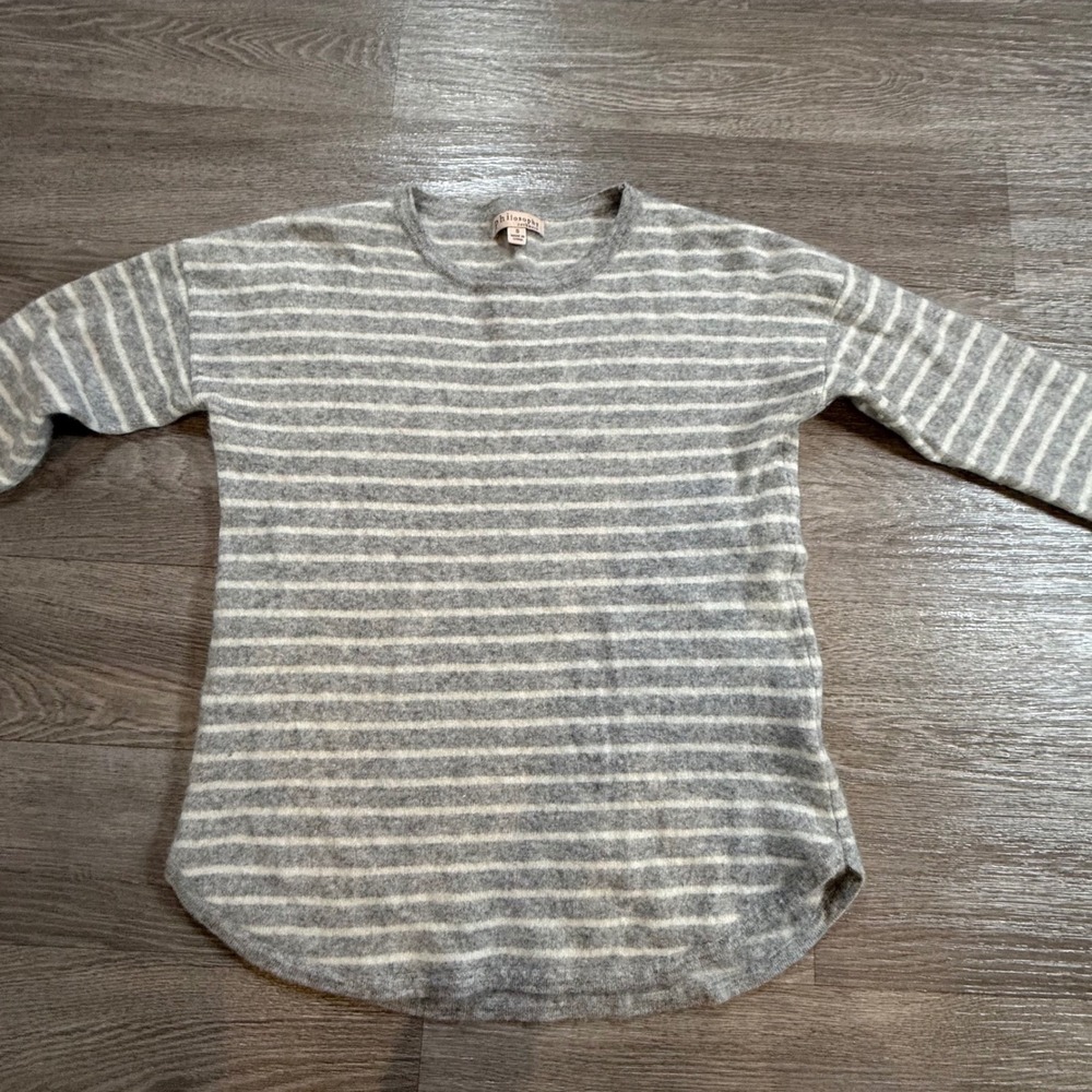 Philosophy Cashmere Sweater Womens Small Grey White Striped 100% Cashmere Crew